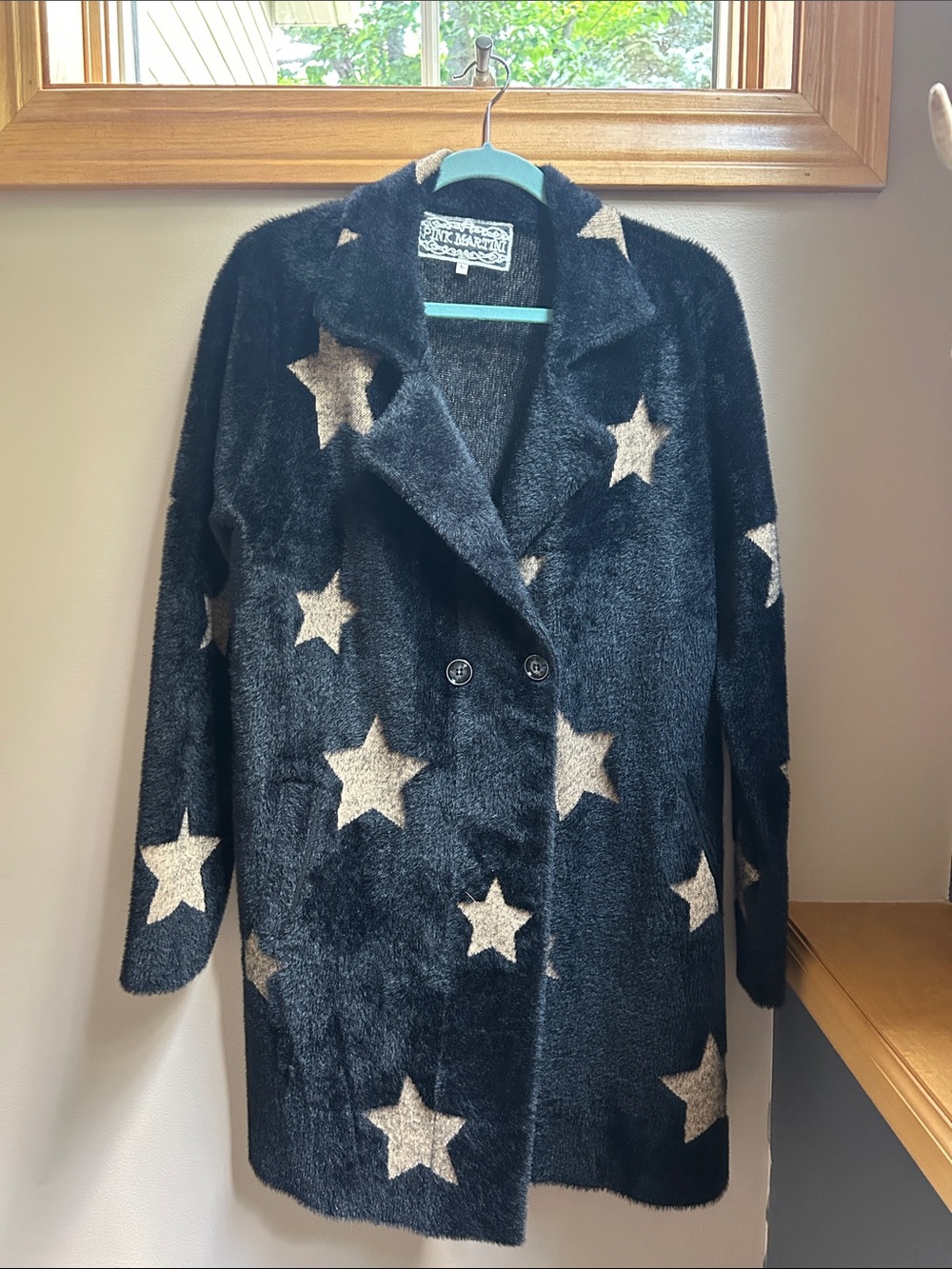 Pink Martini Star Print Fuzzy Double-Breasted Coat